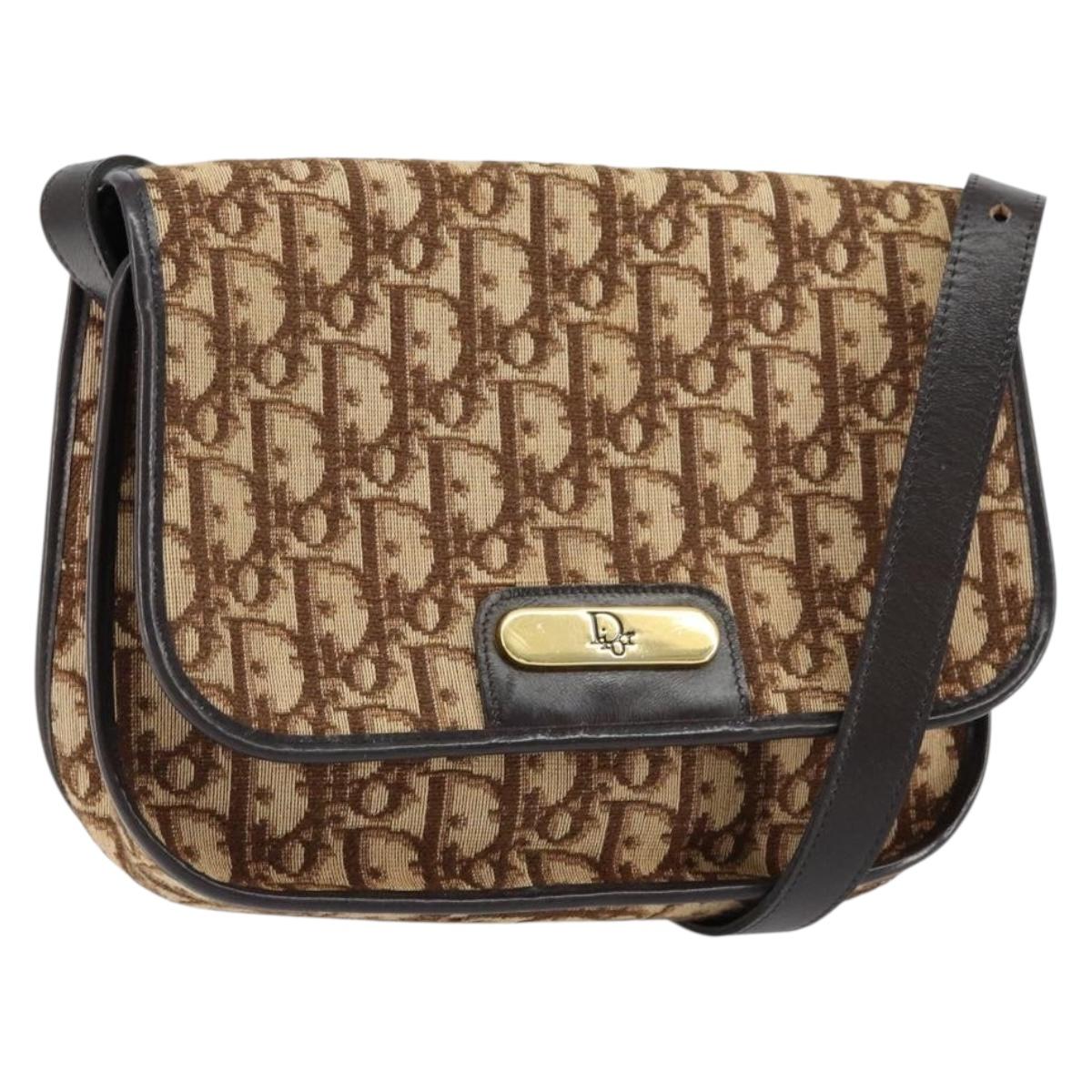 Christian Dior Trotter Canvas Shoulder Bag Brown Gold Auth 154327