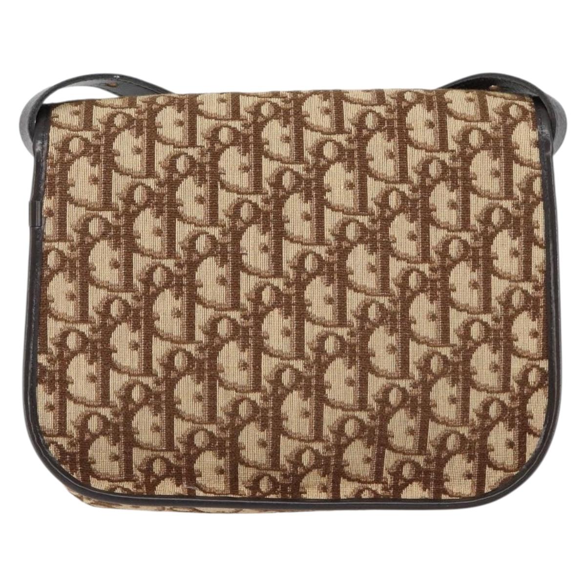 Christian Dior Trotter Canvas Shoulder Bag Brown Gold Auth 154327