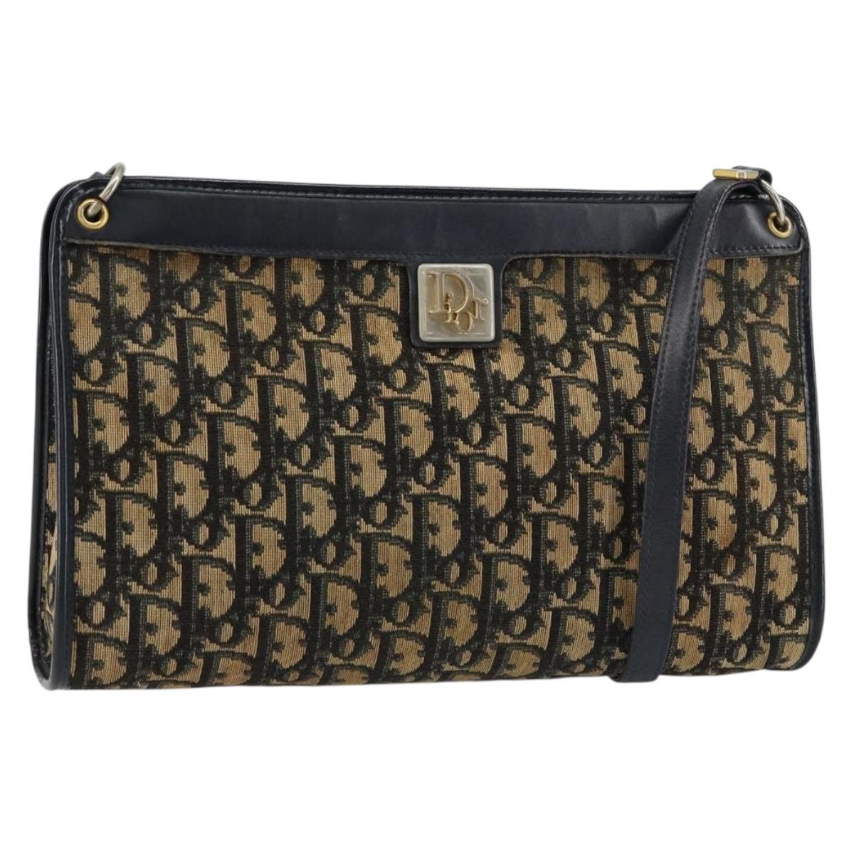 Christian Dior Trotter Canvas Shoulder Bag Navy Gold Auth 154328
