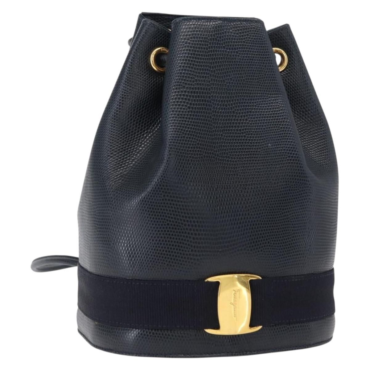 Salvatore Ferragamo Vala Backpack Leather Navy Gold Auth 154339