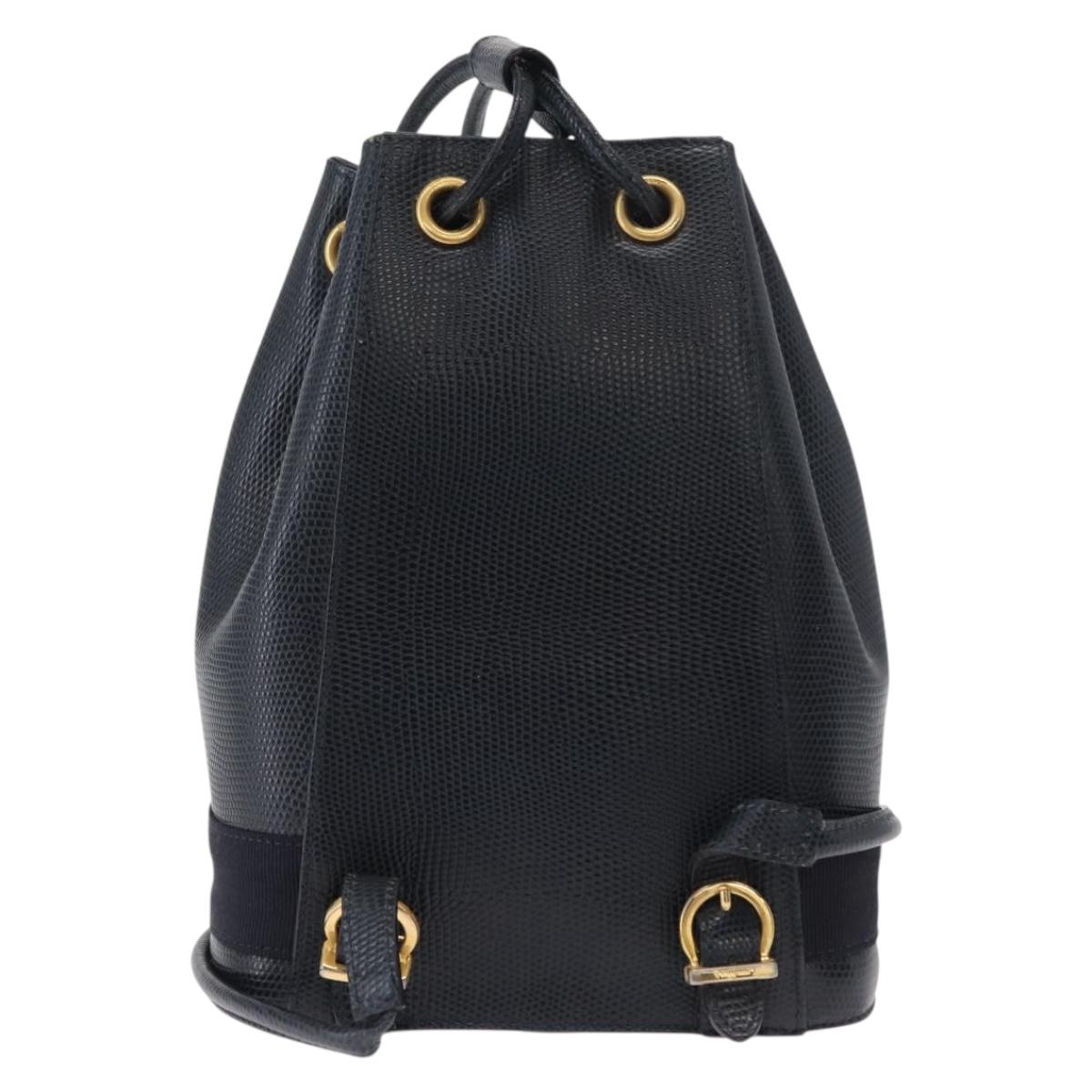 Salvatore Ferragamo Vala Backpack Leather Navy Gold Auth 154339
