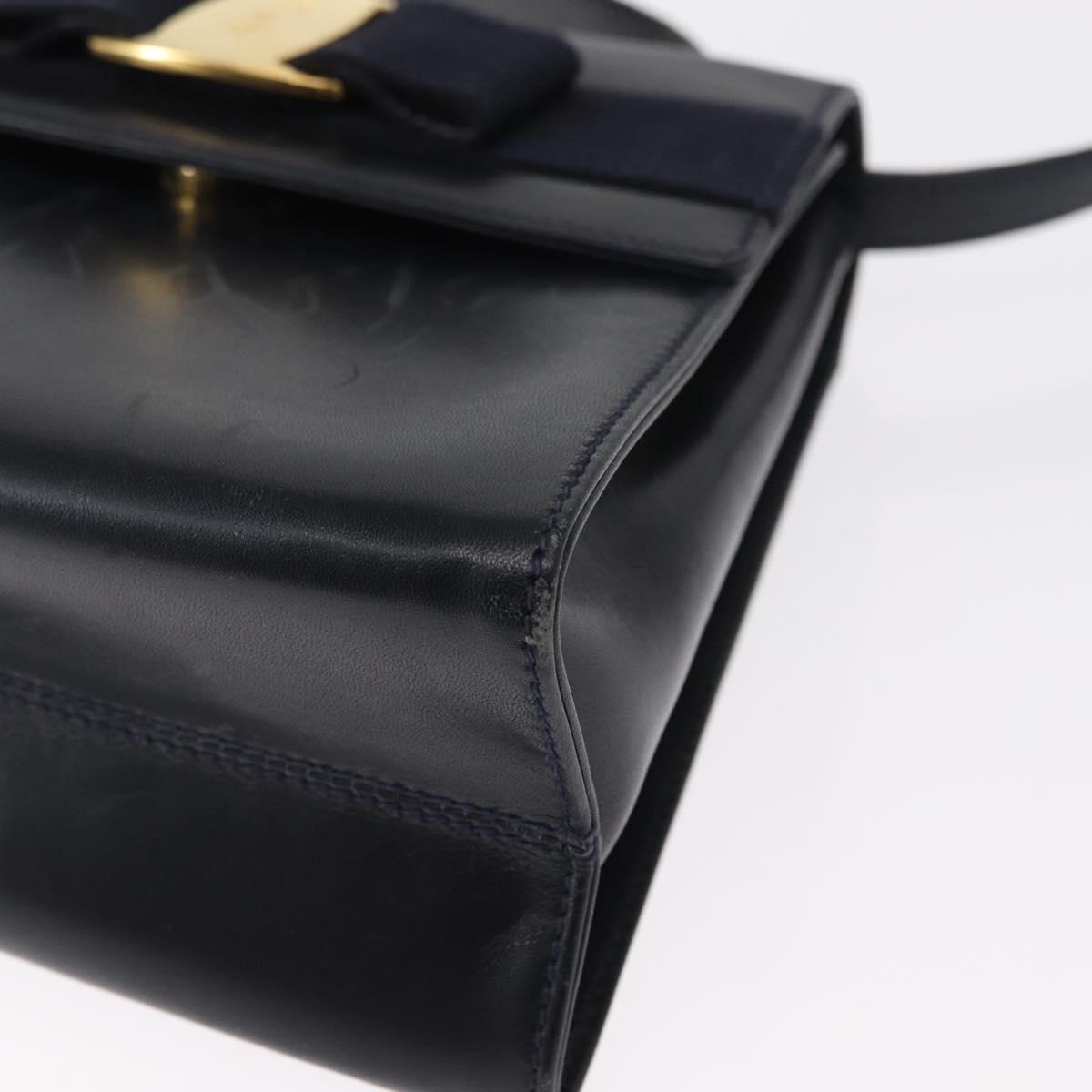 Salvatore Ferragamo Vala Hand Bag Leather 2way Navy Gold Auth 154340