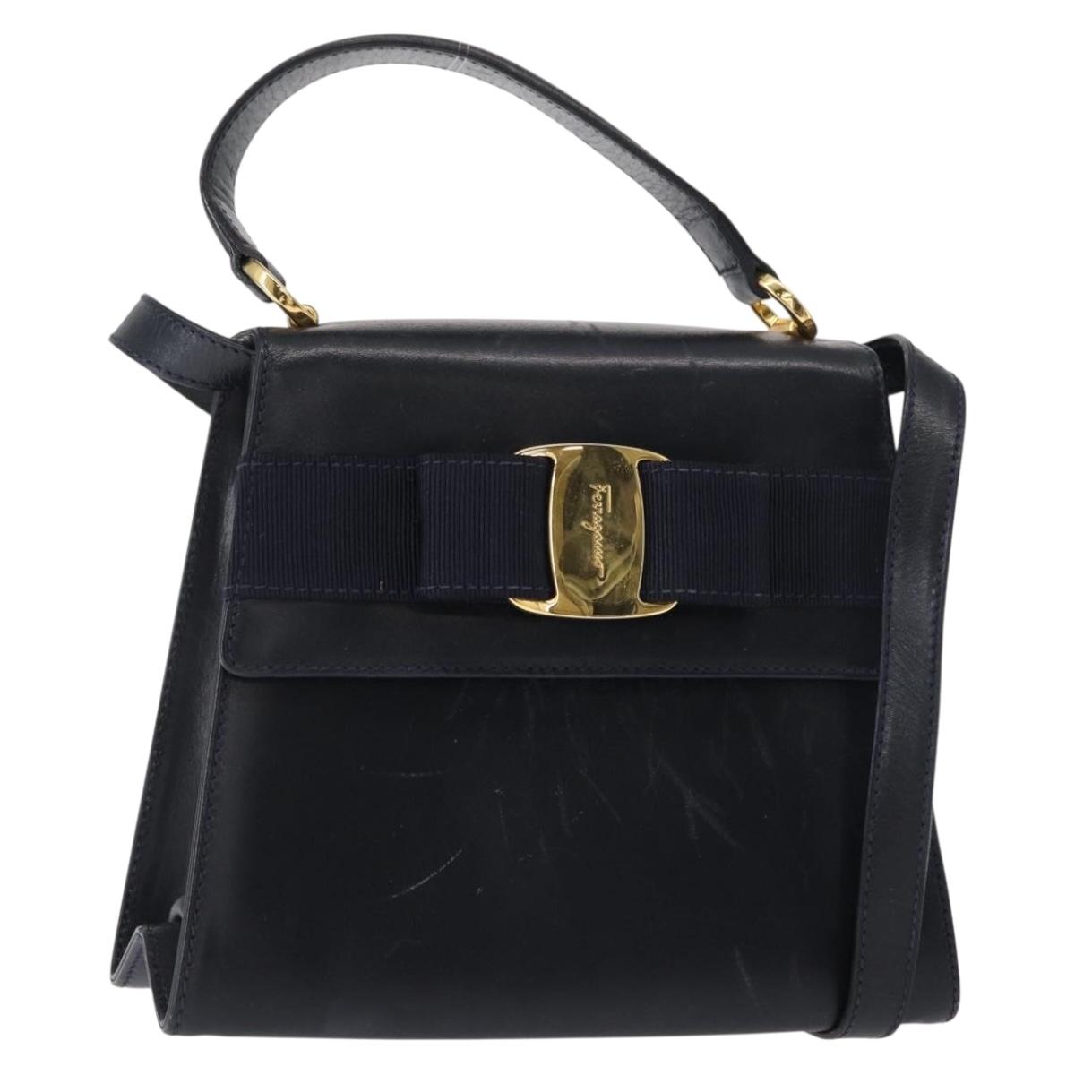 Salvatore Ferragamo Vala Hand Bag Leather 2way Navy Gold Auth 154340