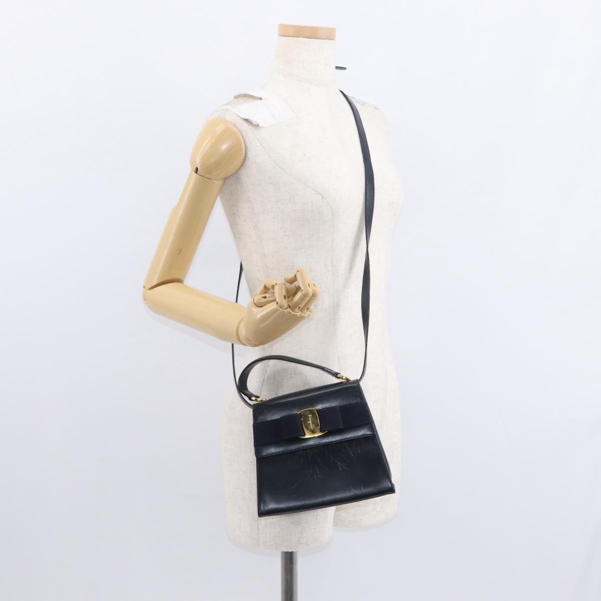 Salvatore Ferragamo Vala Hand Bag Leather 2way Navy Gold Auth 154340