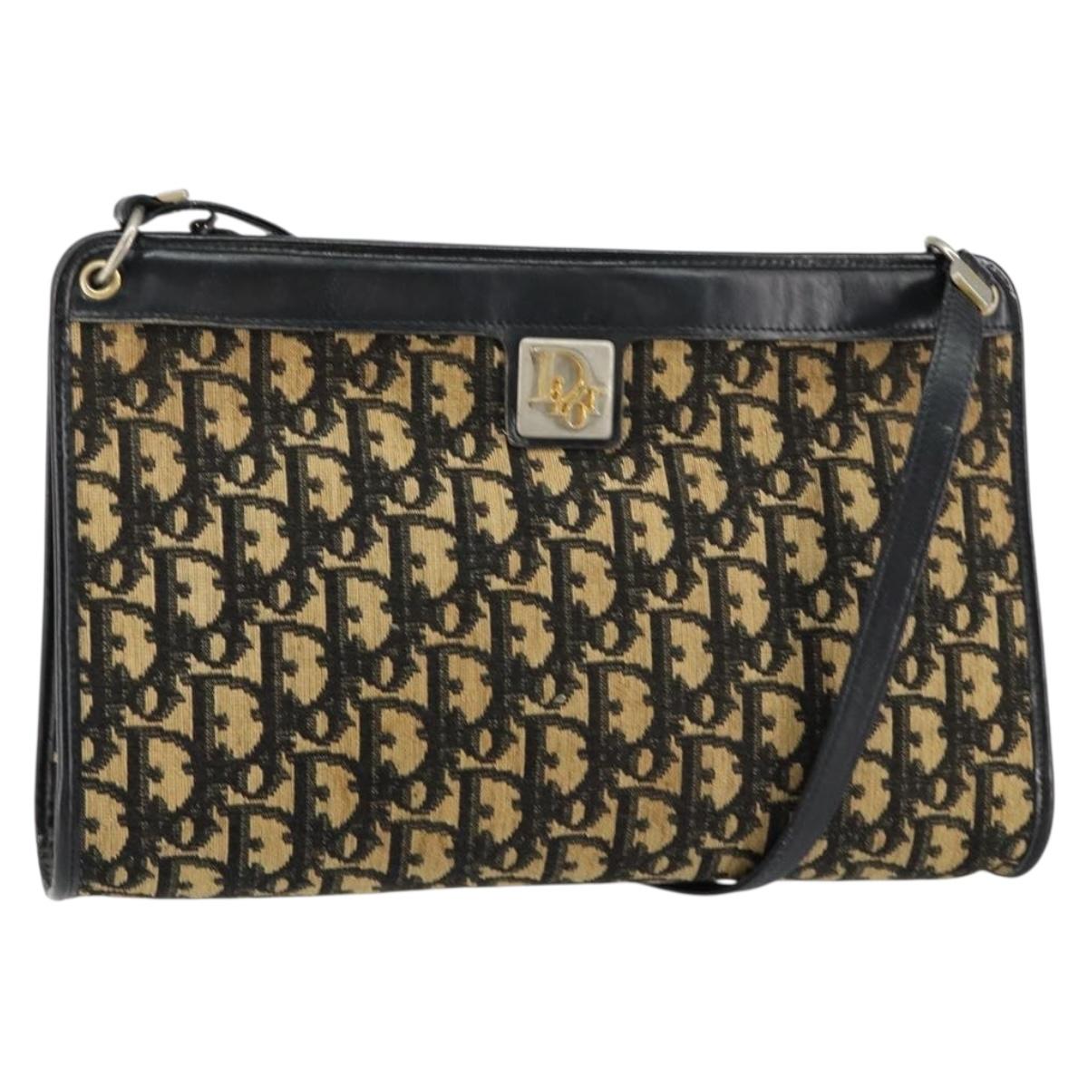 Christian Dior Trotter Canvas Shoulder Bag Navy Gold Auth 154374