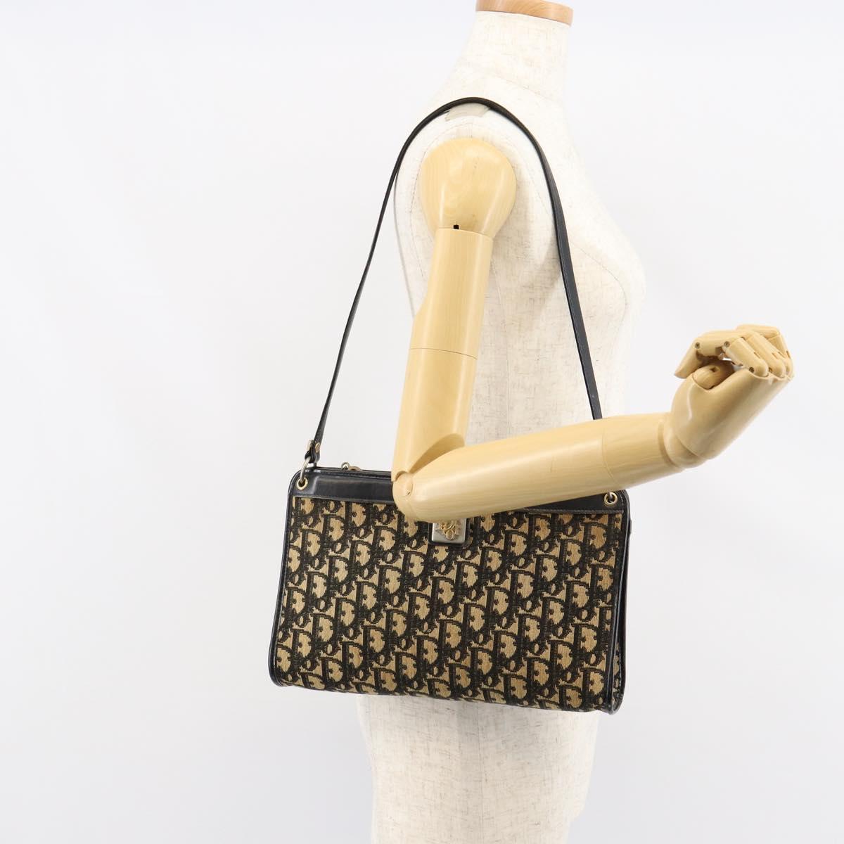 Christian Dior Trotter Canvas Shoulder Bag Navy Gold Auth 154374