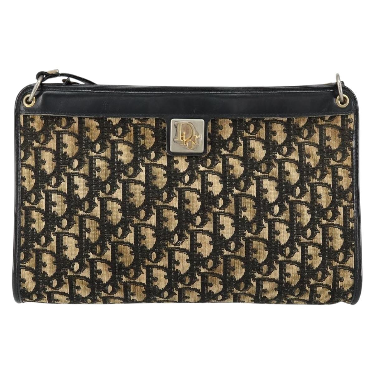 Christian Dior Trotter Canvas Shoulder Bag Navy Gold Auth 154374