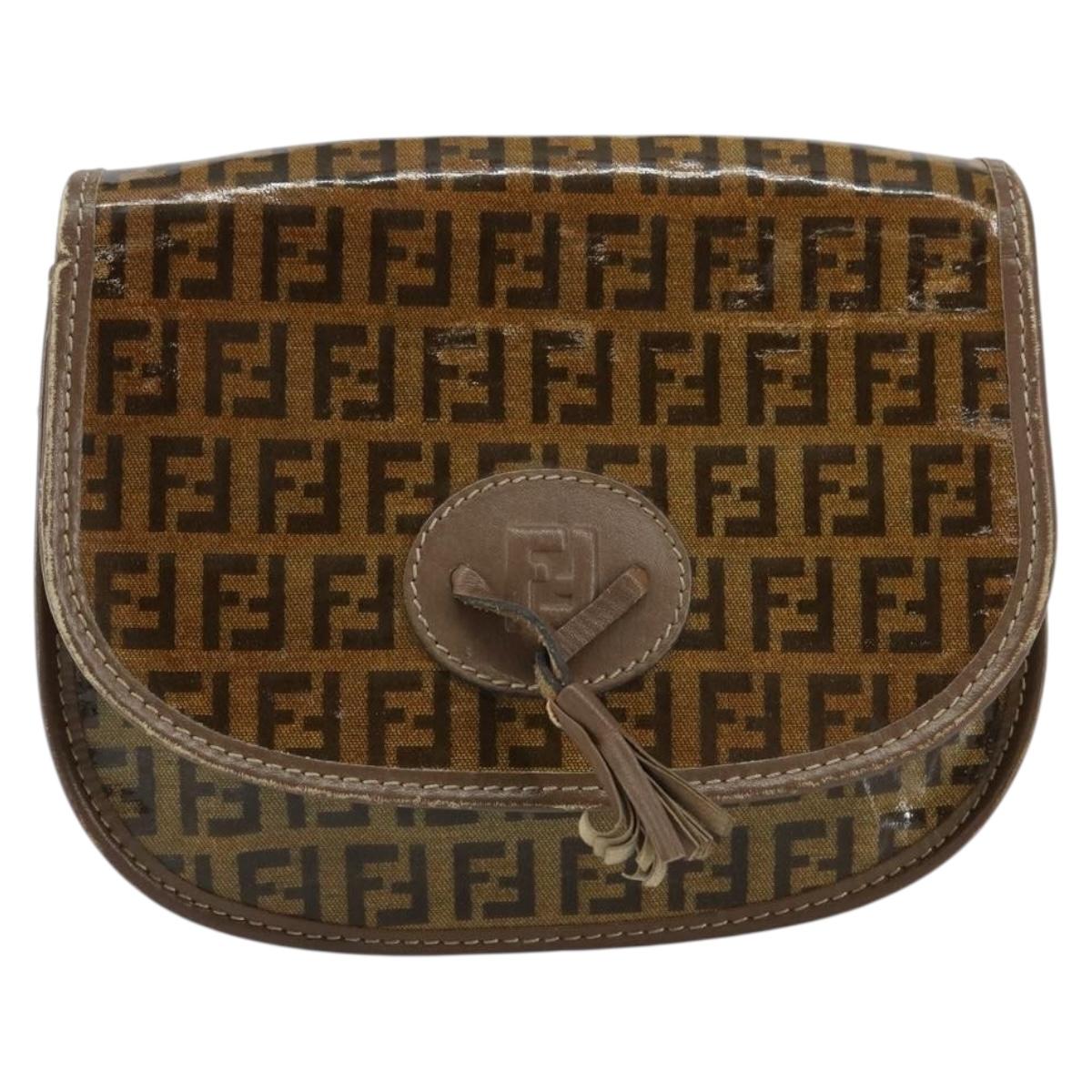 FENDI Zucchino Canvas Shoulder Bag Enamel Beige Brown Auth 154412