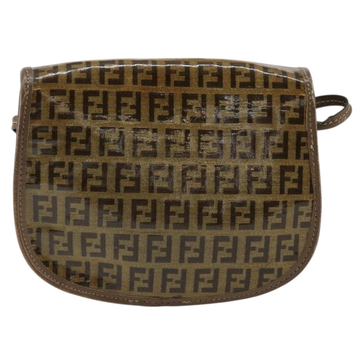 FENDI Zucchino Canvas Shoulder Bag Enamel Beige Brown Auth 154412