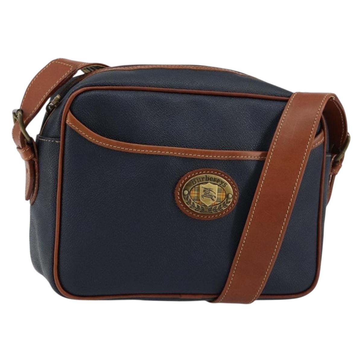 Burberrys Shoulder Bag Leather PVC Navy Gold Auth 154415