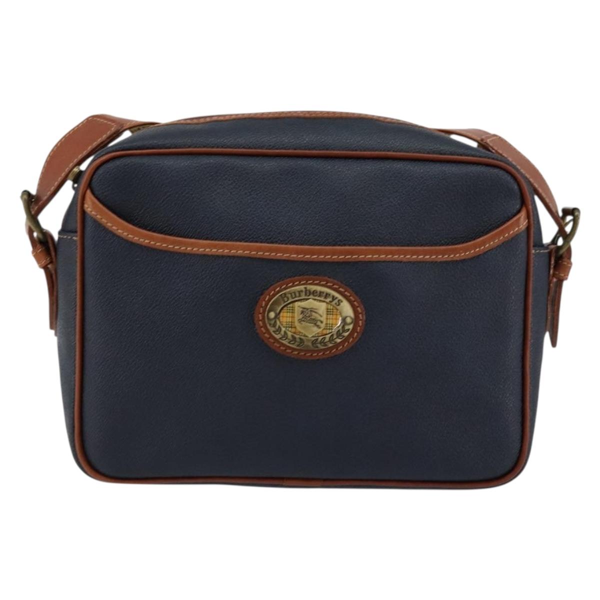 Burberrys Shoulder Bag Leather PVC Navy Gold Auth 154415