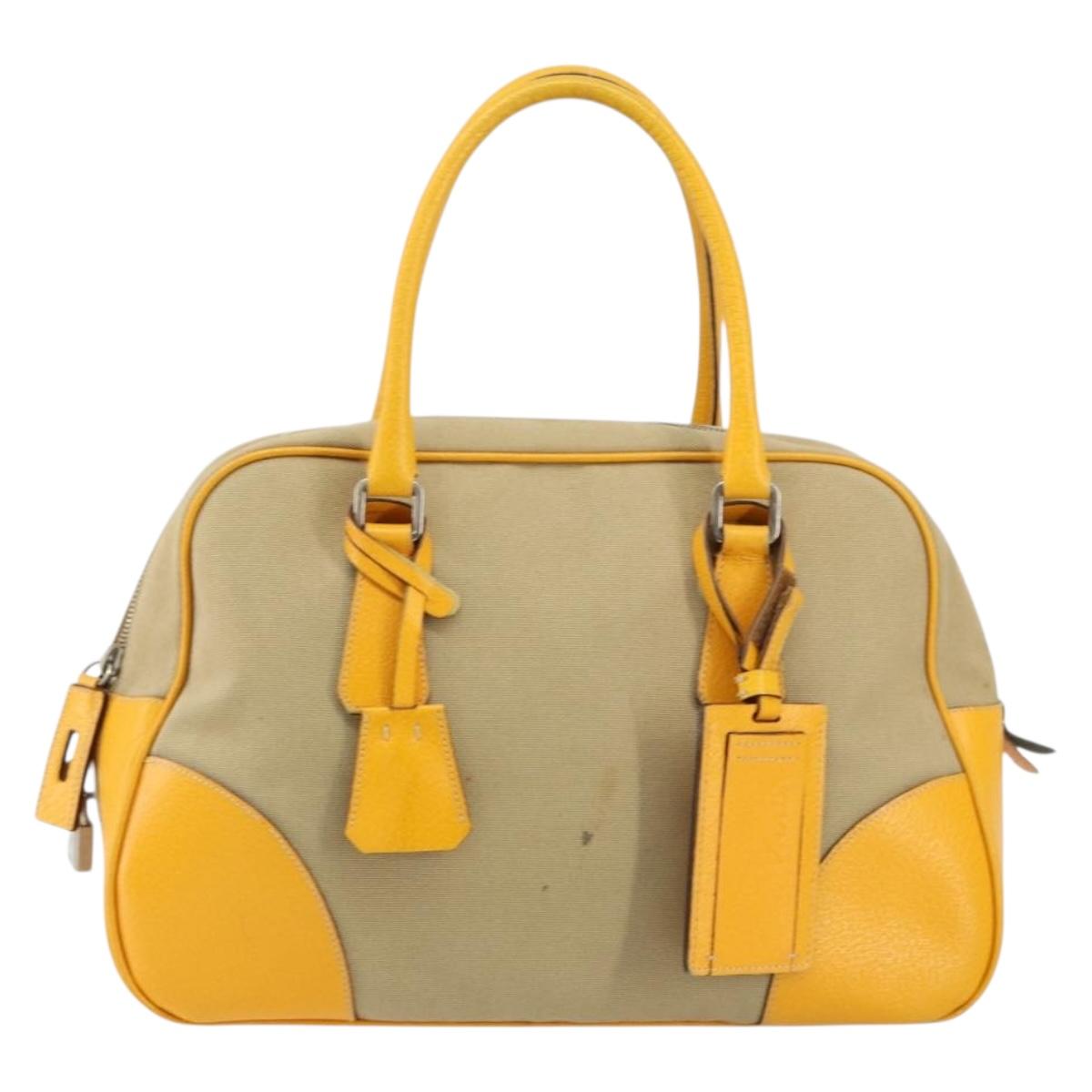 PRADA Hand Bag Canvas Beige Gold Auth 154417
