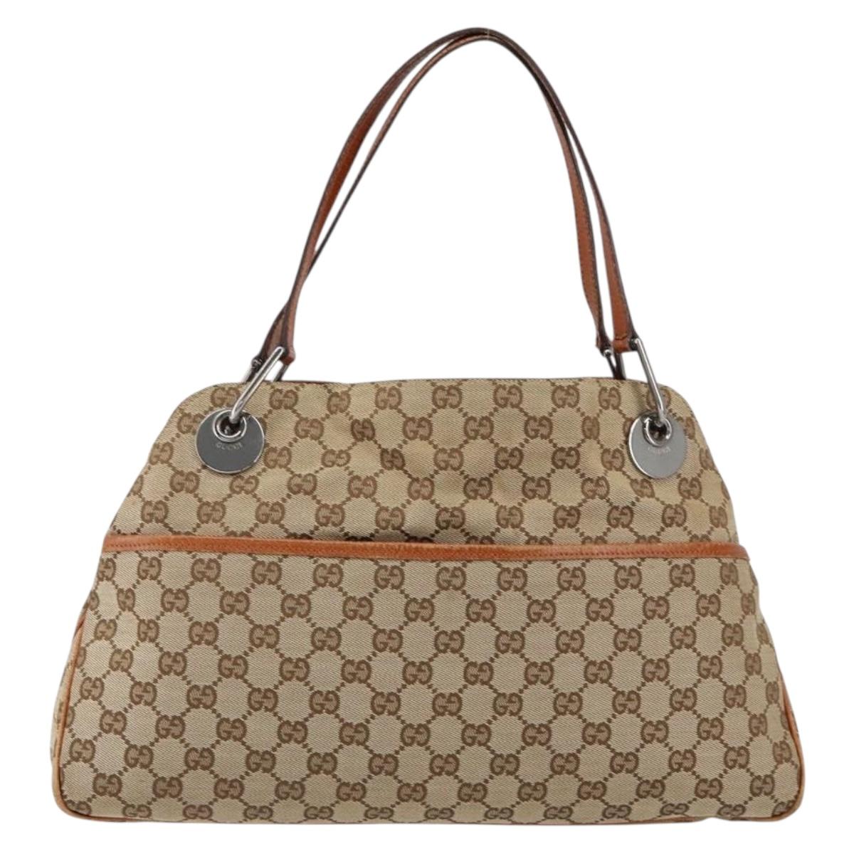 GUCCI GG Canvas Tote Bag Beige Silver 121023 Auth 154440