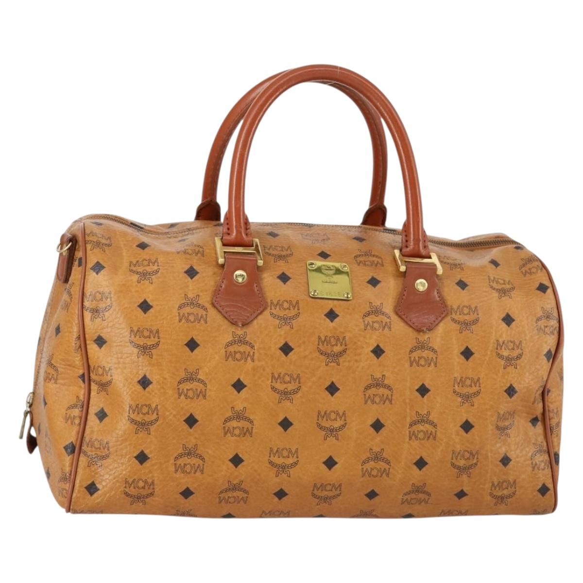 MCM Logogram Vicetos Boston Bag PVC Leather Brown Gold Auth 154457