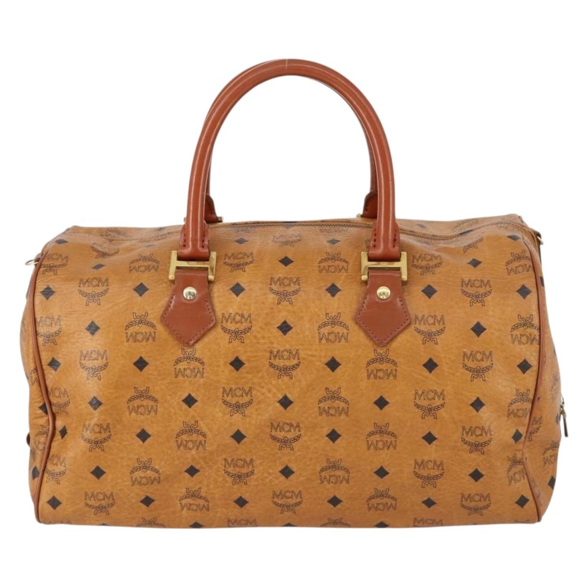 MCM Logogram Vicetos Boston Bag PVC Leather Brown Gold Auth 154457