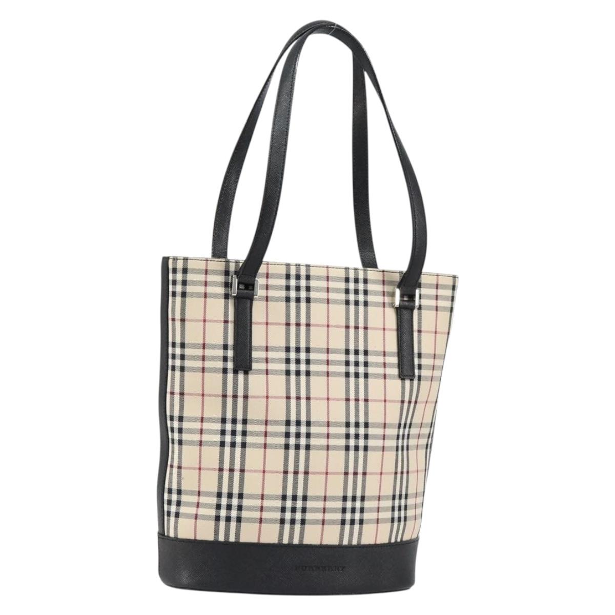 BURBERRY Nova Check Hand Bag Canvas Beige Silver Auth 154458