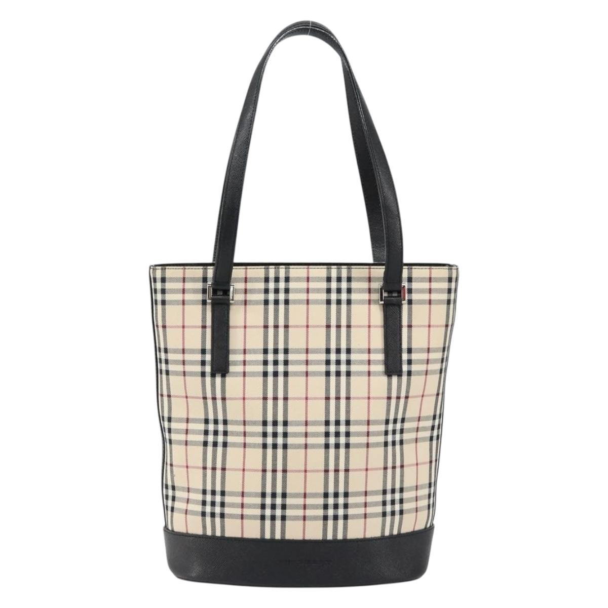 BURBERRY Nova Check Hand Bag Canvas Beige Silver Auth 154458