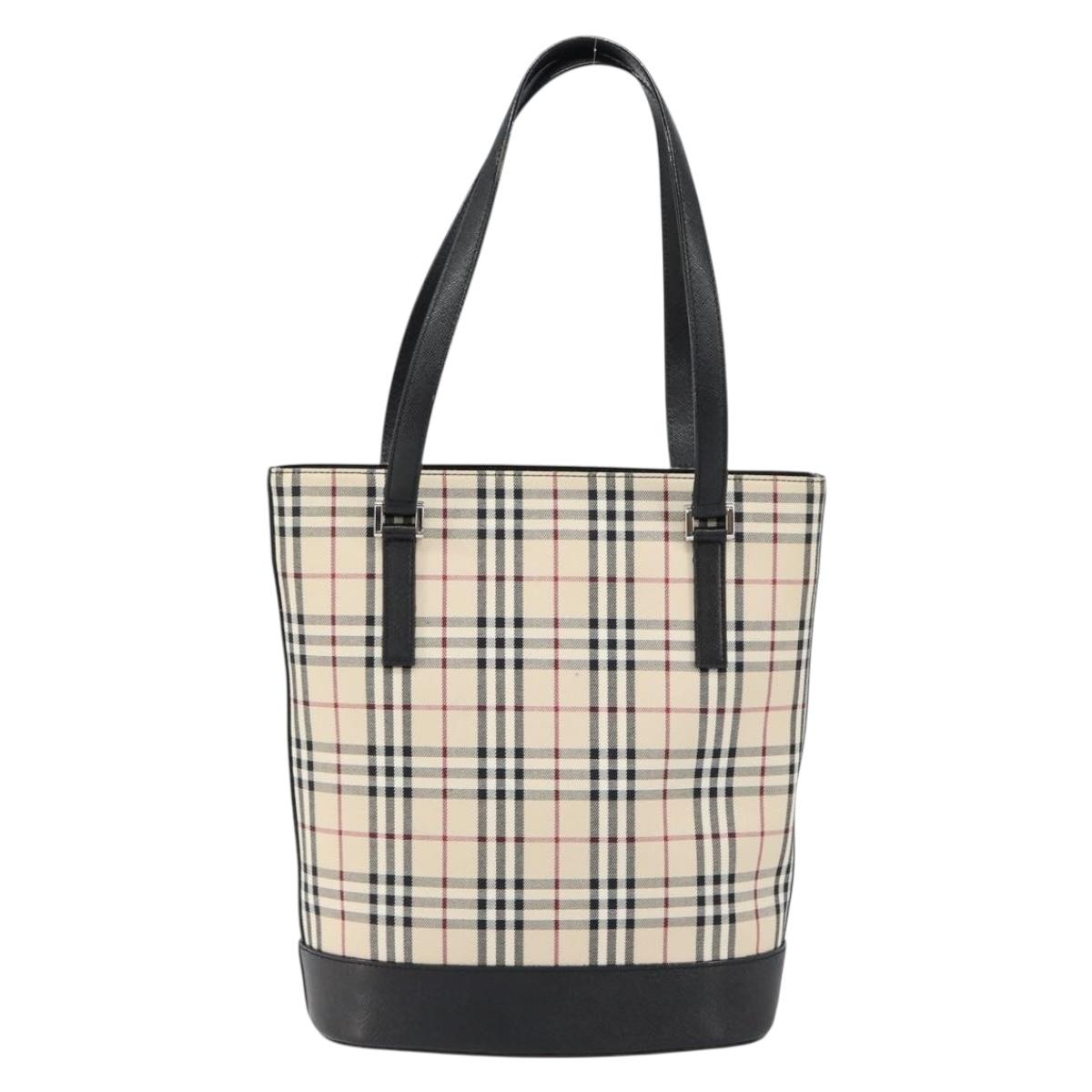 BURBERRY Nova Check Hand Bag Canvas Beige Silver Auth 154458
