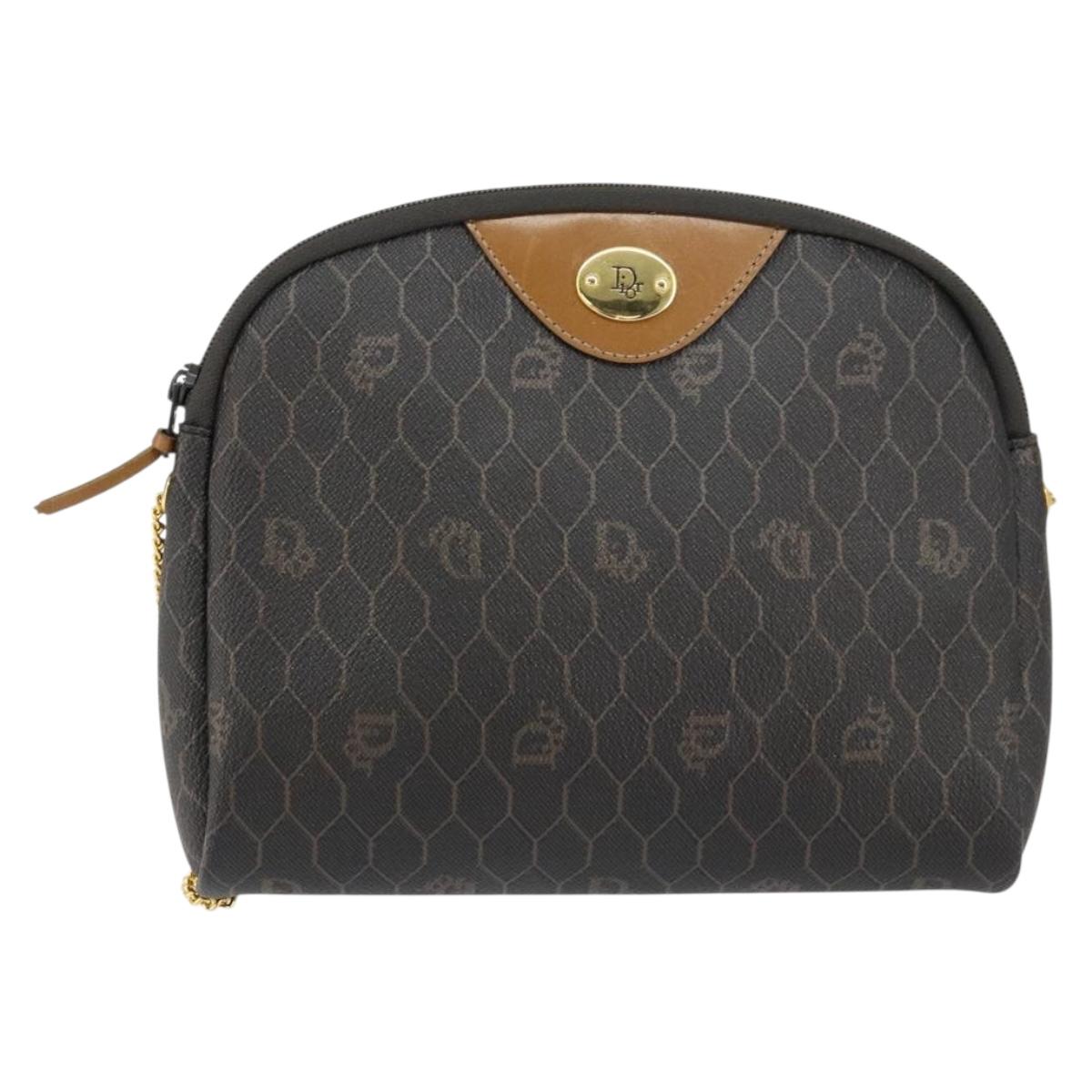 Christian Dior Honeycomb Canvas Chain Shoulder Bag PVC Black Gold Auth 154466