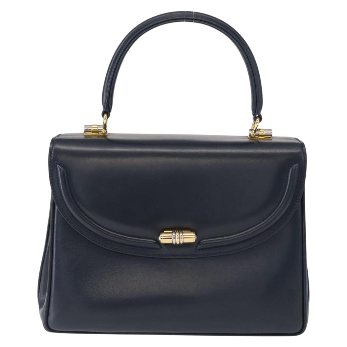 GUCCI Hand Bag Leather Navy Gold Auth 154472