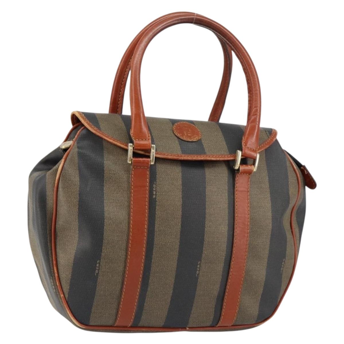 FENDI Pecan Canvas Hand Bag PVC Black Brown Auth 154500