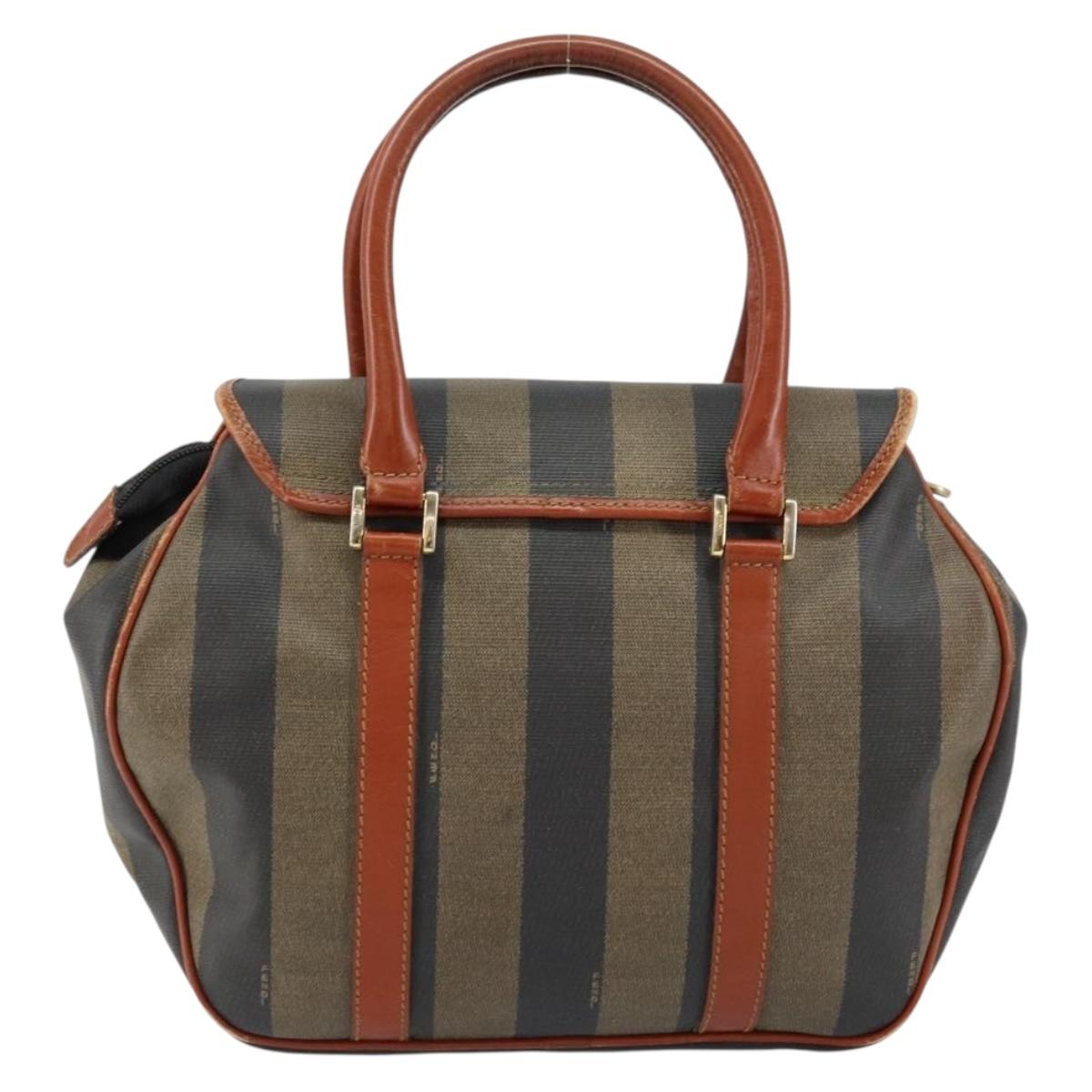 FENDI Pecan Canvas Hand Bag PVC Black Brown Auth 154500