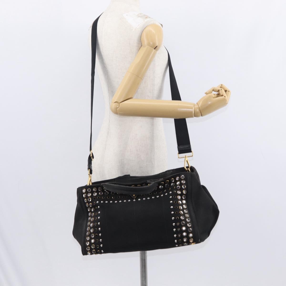 PRADA Studs Canapa GM Hand Bag Canvas 2way Black Gold Auth 154510