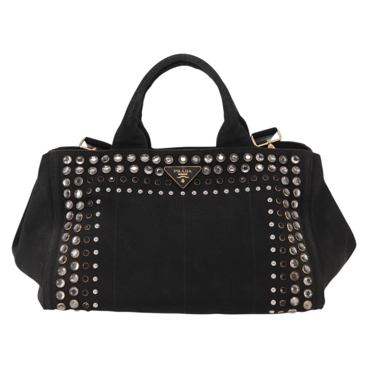 PRADA Studs Canapa GM Hand Bag Canvas 2way Black Gold Auth 154510