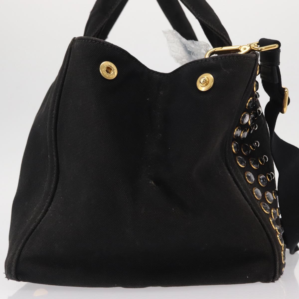PRADA Studs Canapa GM Hand Bag Canvas 2way Black Gold Auth 154510