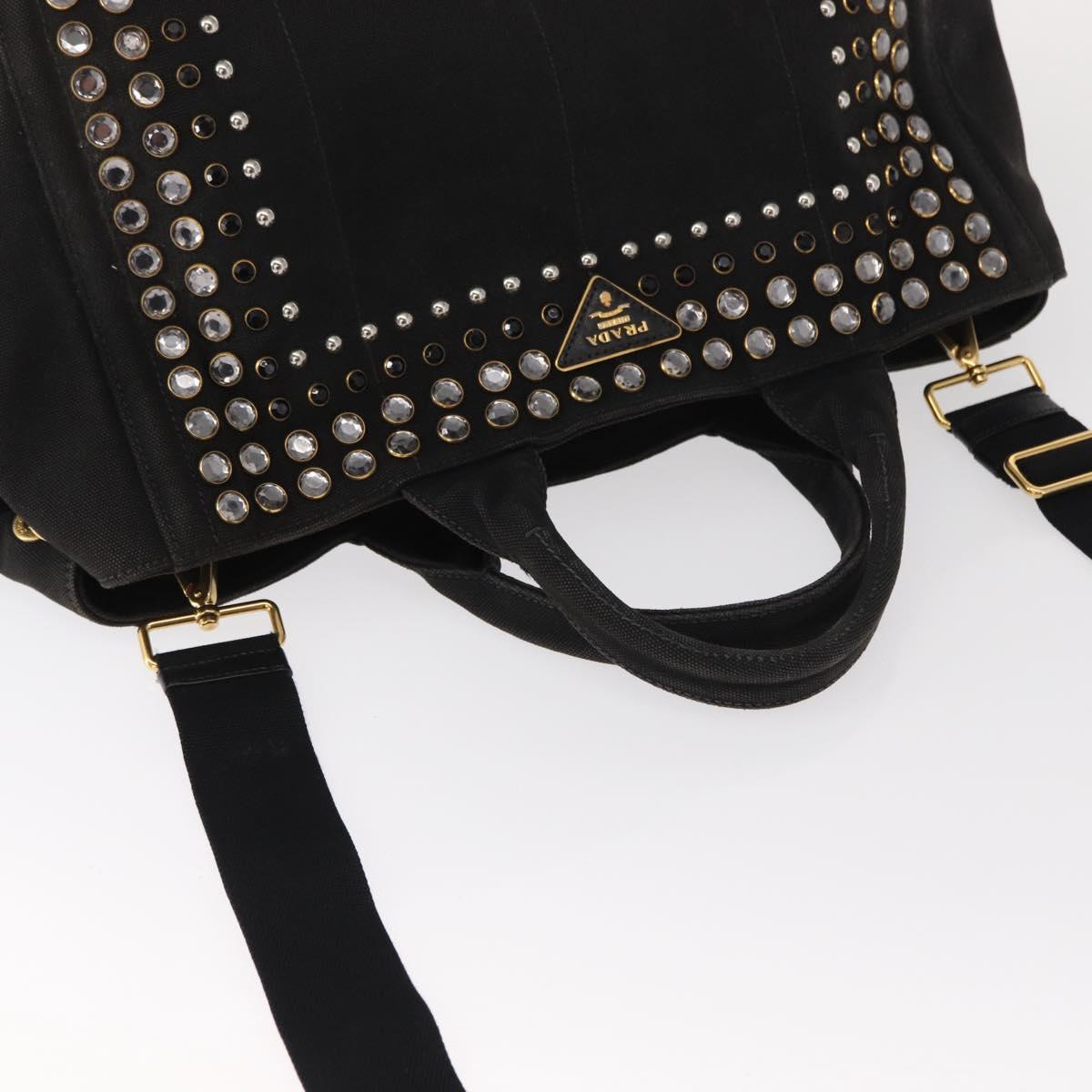 PRADA Studs Canapa GM Hand Bag Canvas 2way Black Gold Auth 154510