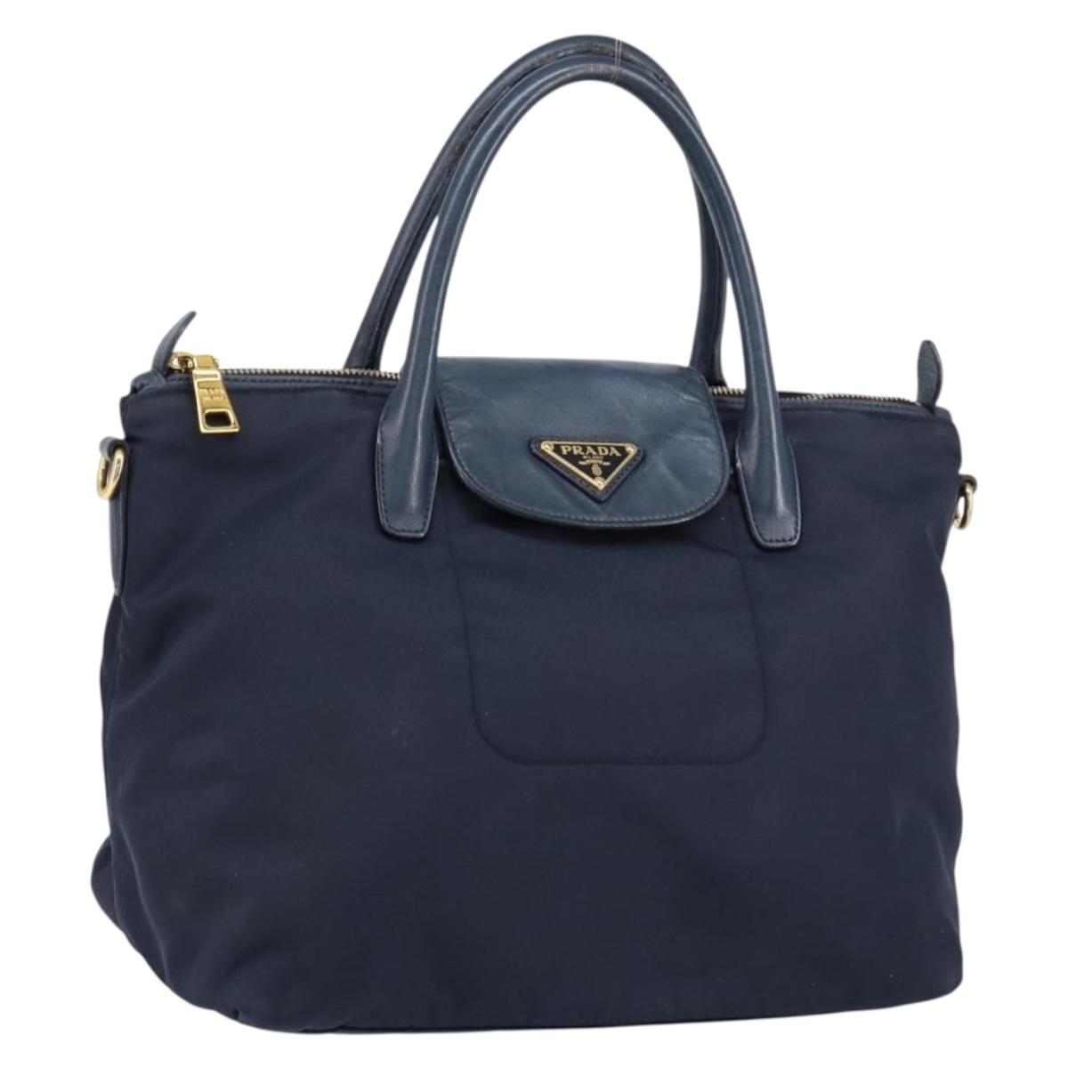 PRADA Hand Bag Nylon Navy Gold Auth 154518