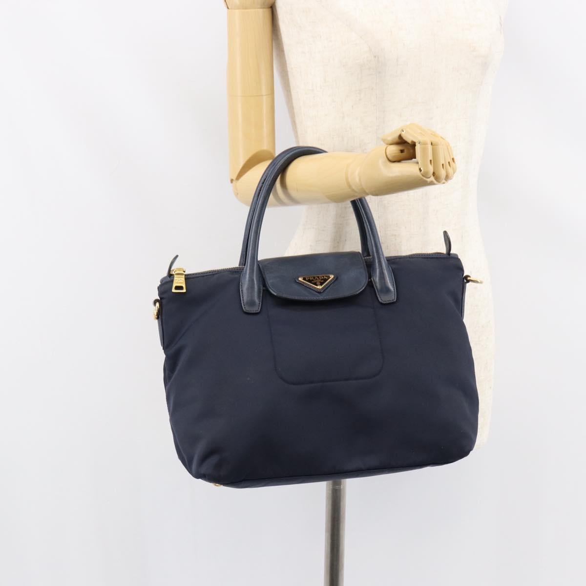 PRADA Hand Bag Nylon Navy Gold Auth 154518