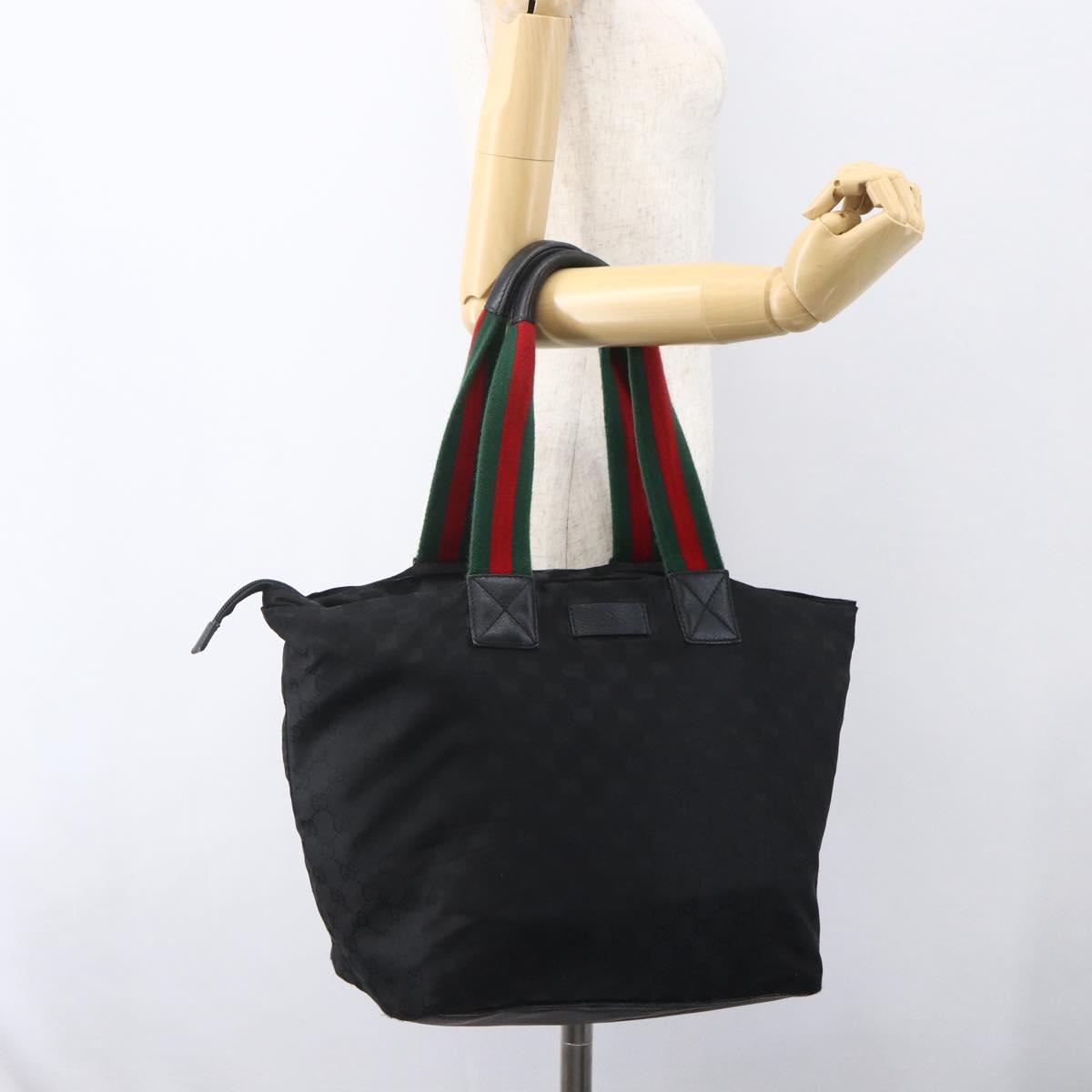 GUCCI GG Canvas Web Sherry Line Tote Bag Black Silver 131231 Auth 154522