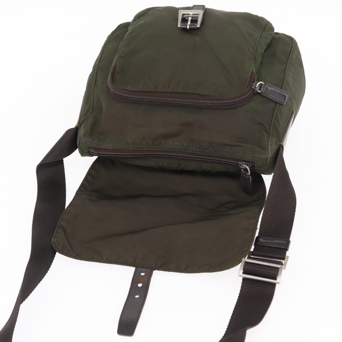 PRADA Shoulder Bag Nylon Khaki Silver Auth 154526