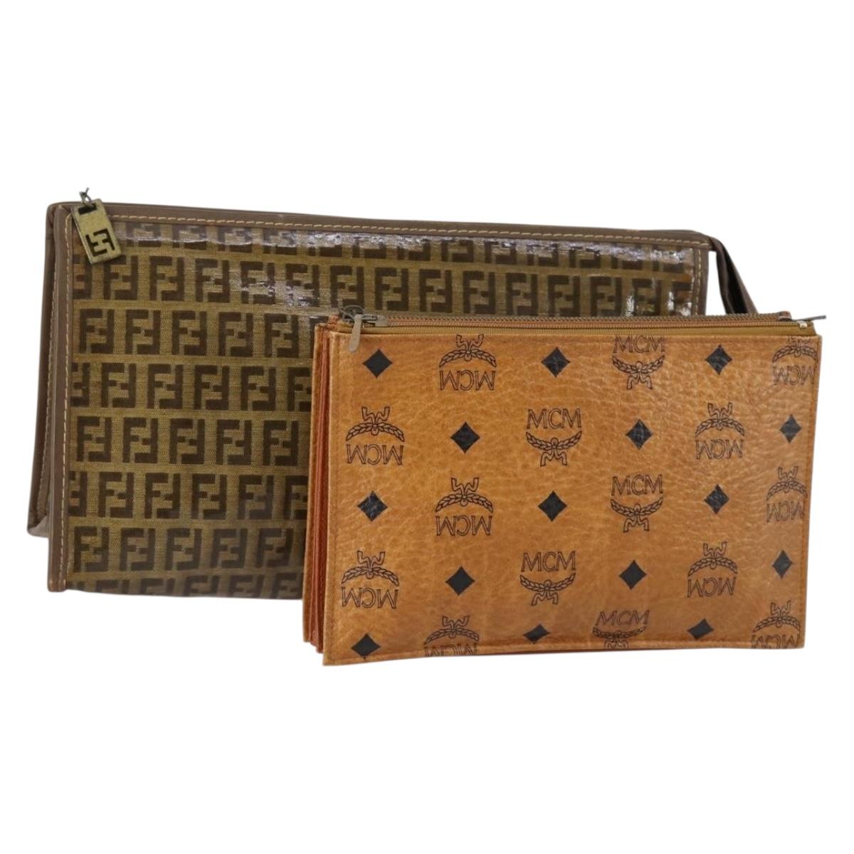 FENDI MCM Zucchino Canvas Vicetos Logogram Bag PVC 2 Set Brown Beige Auth 154539
