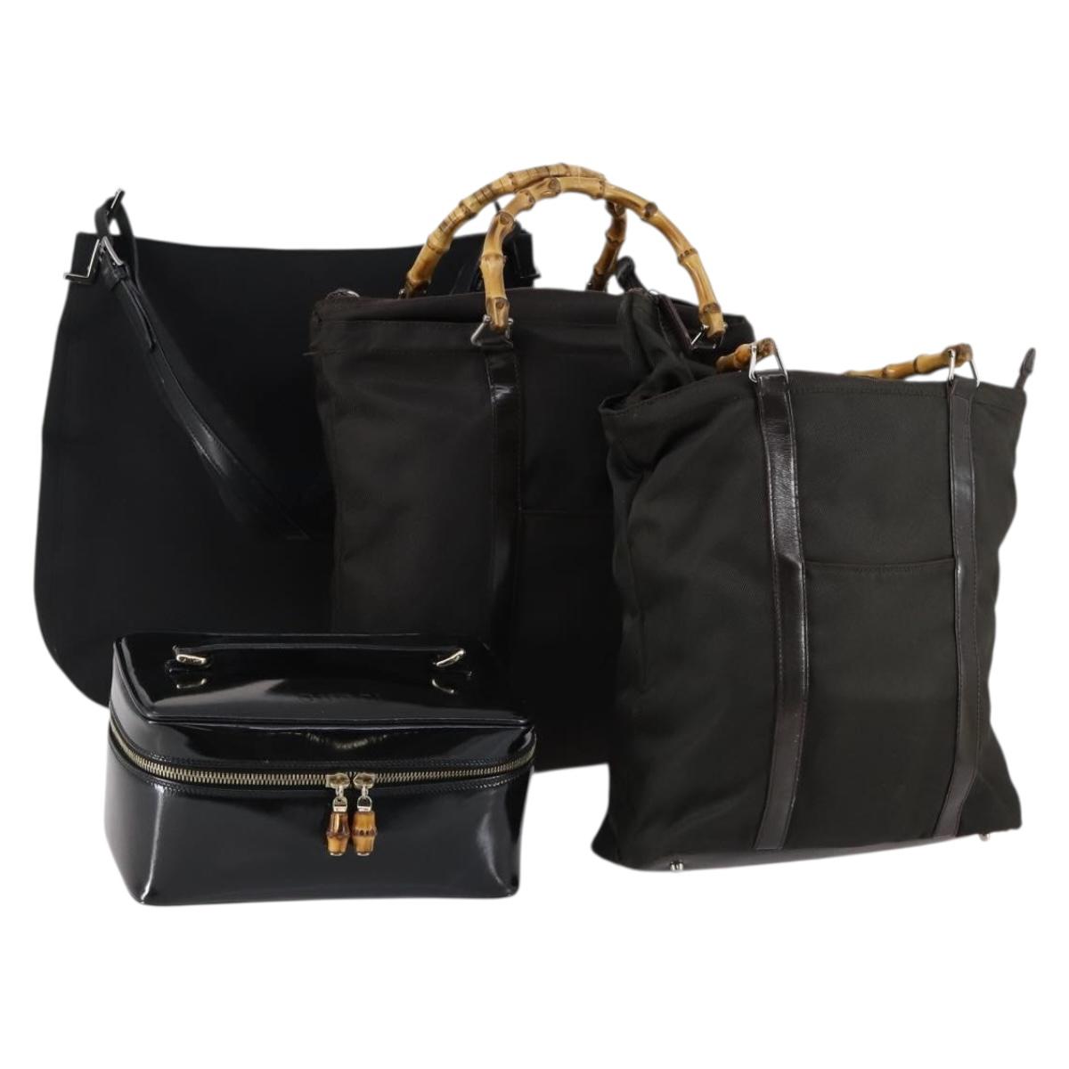 GUCCI Hand Bag Nylon Patent 4 Set Khaki Black Auth 154547