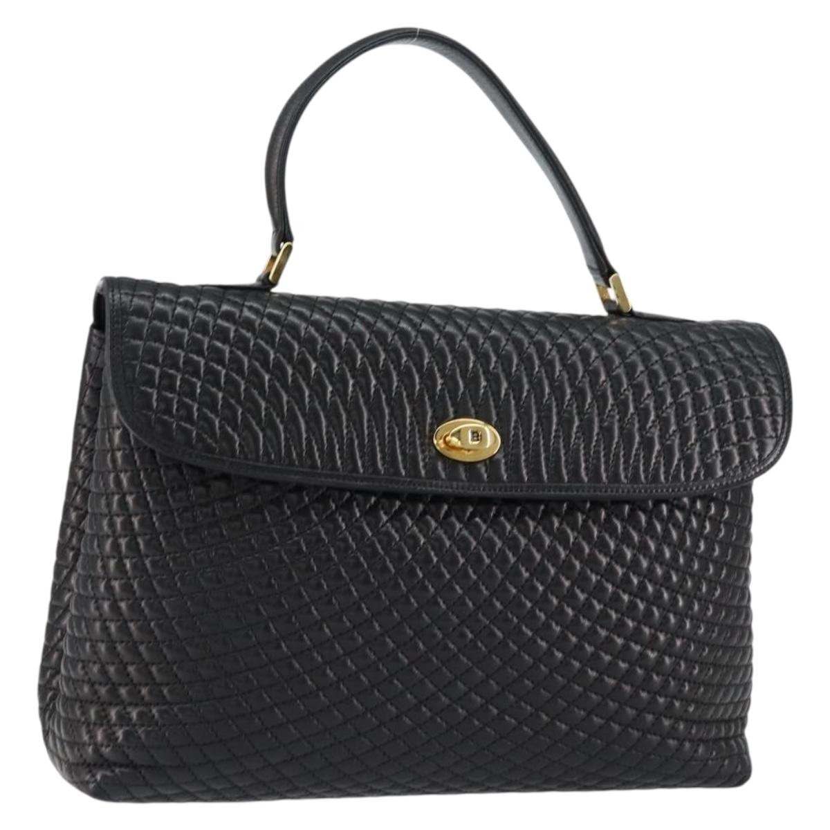 BALLY Quilted Hand Bag Leather Black gold Auth 154581
