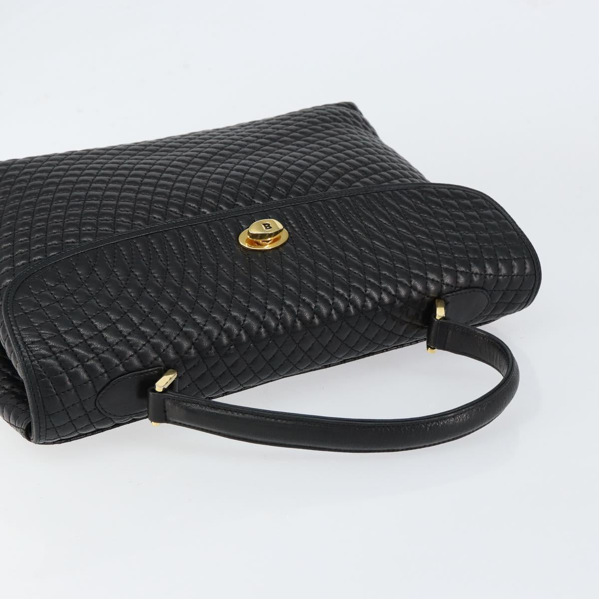BALLY Quilted Hand Bag Leather Black gold Auth 154581