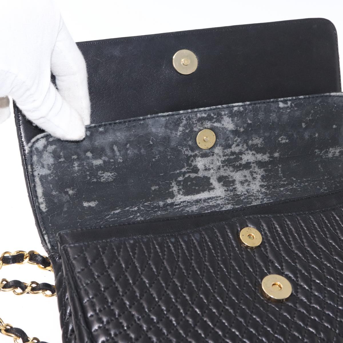 BALLY Quilted Chain Shoulder Bag Leather Black Gold Auth 154582