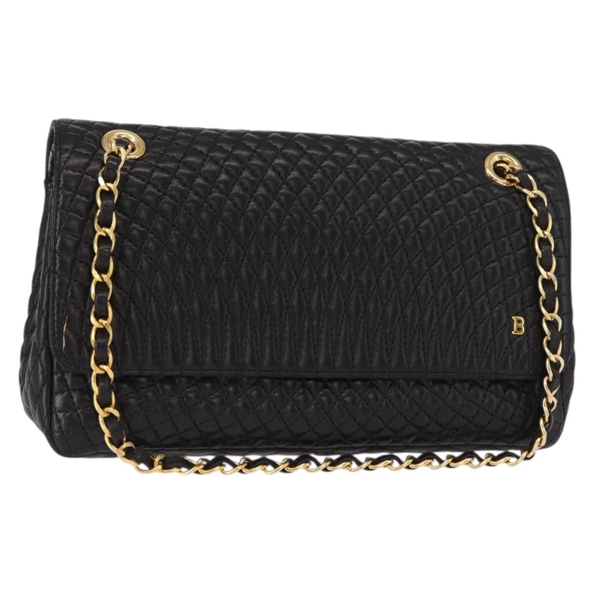 BALLY Quilted Chain Shoulder Bag Leather Black Gold Auth 154582