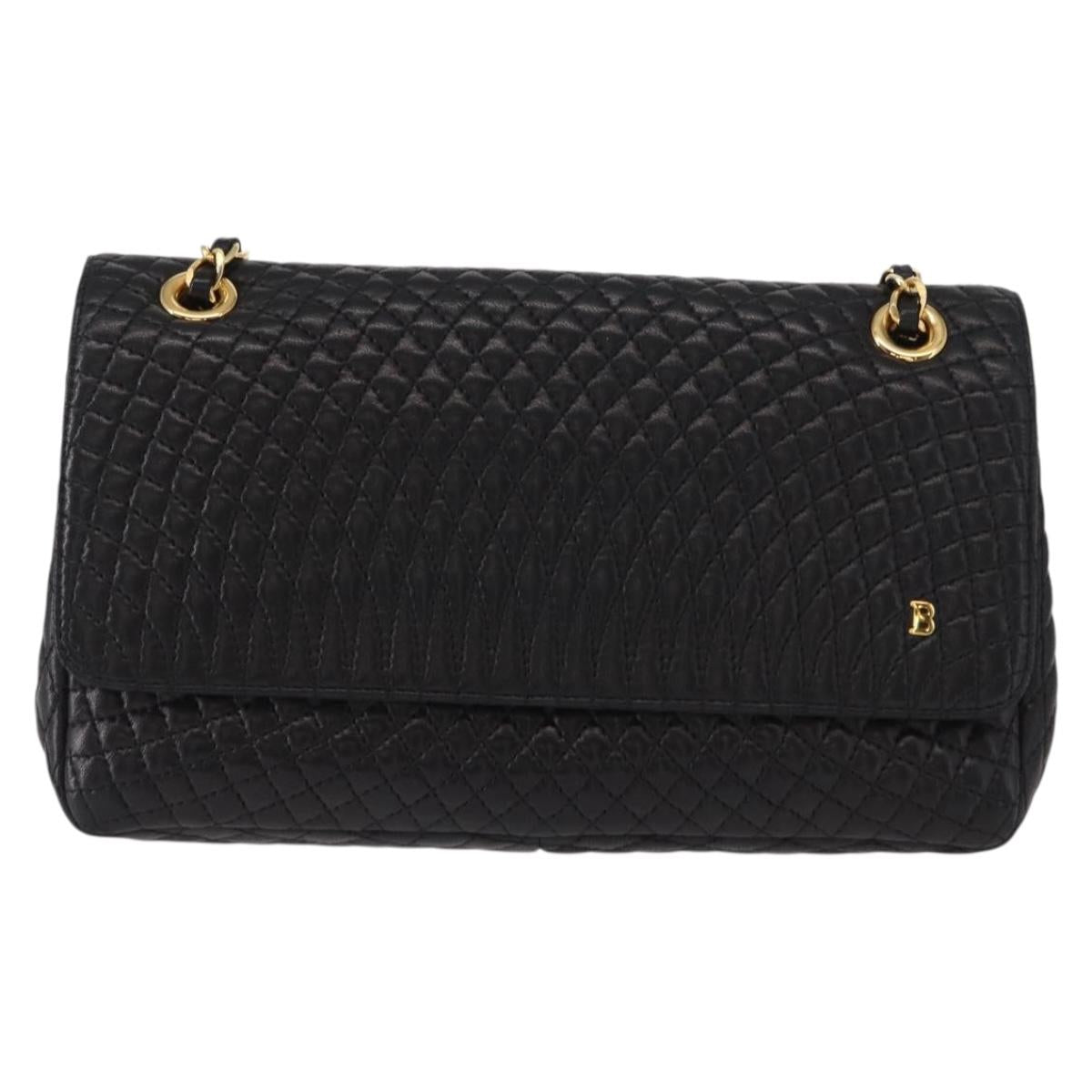 BALLY Quilted Chain Shoulder Bag Leather Black Gold Auth 154582