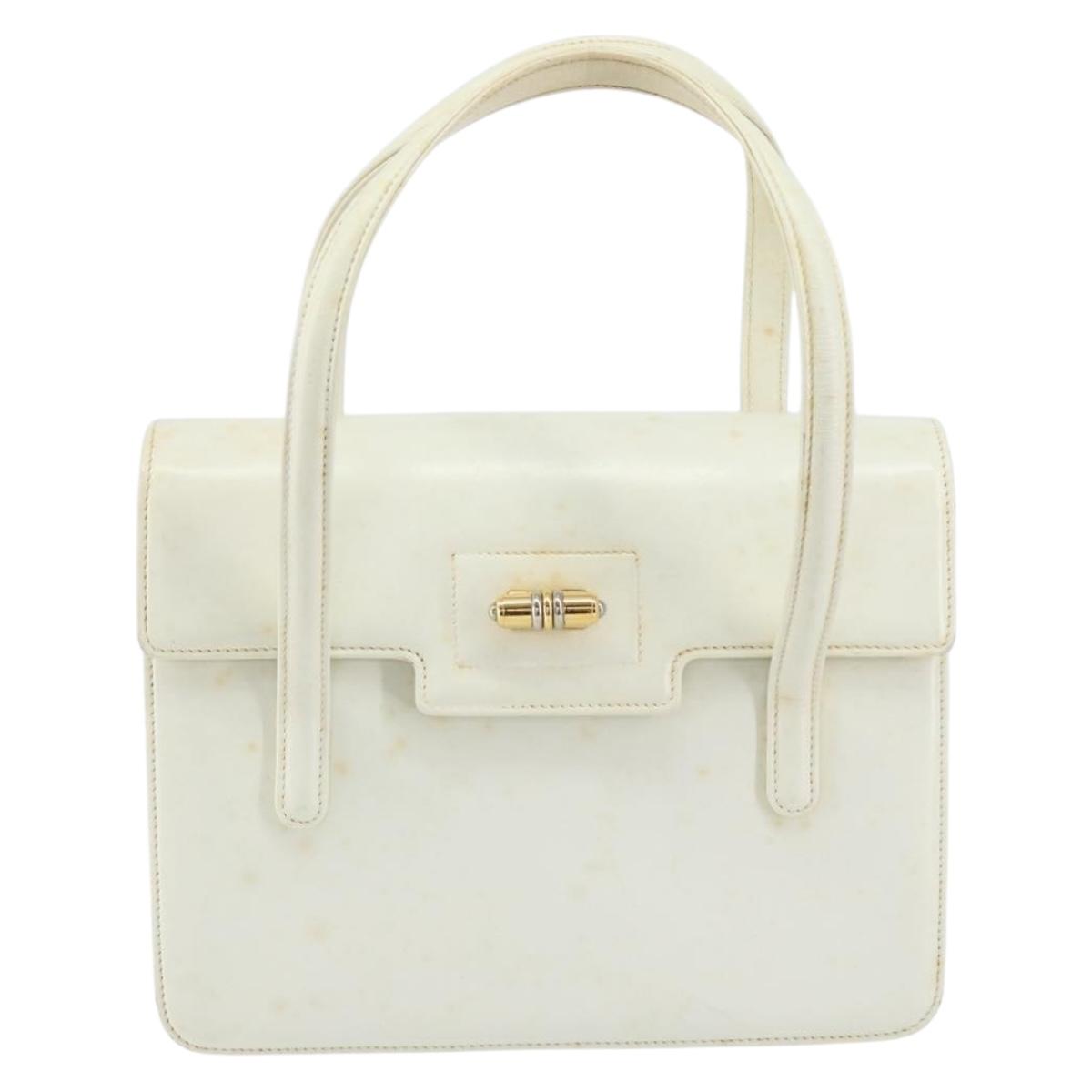 GUCCI Hand Bag Leather White Gold Auth 154583