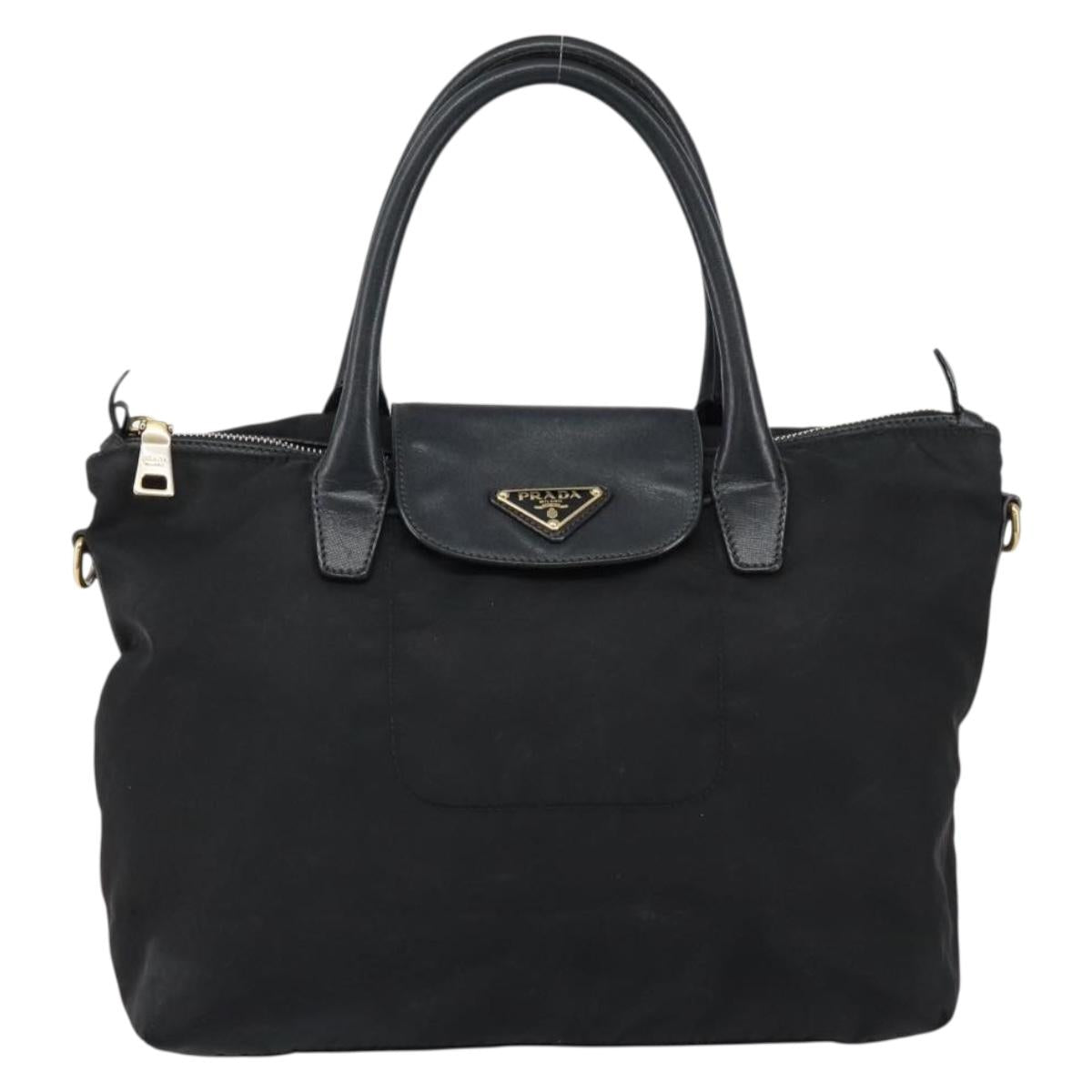 PRADA Hand Bag Nylon Black Gold Auth 154590