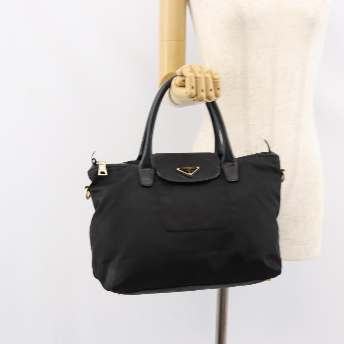 PRADA Hand Bag Nylon Black Gold Auth 154590