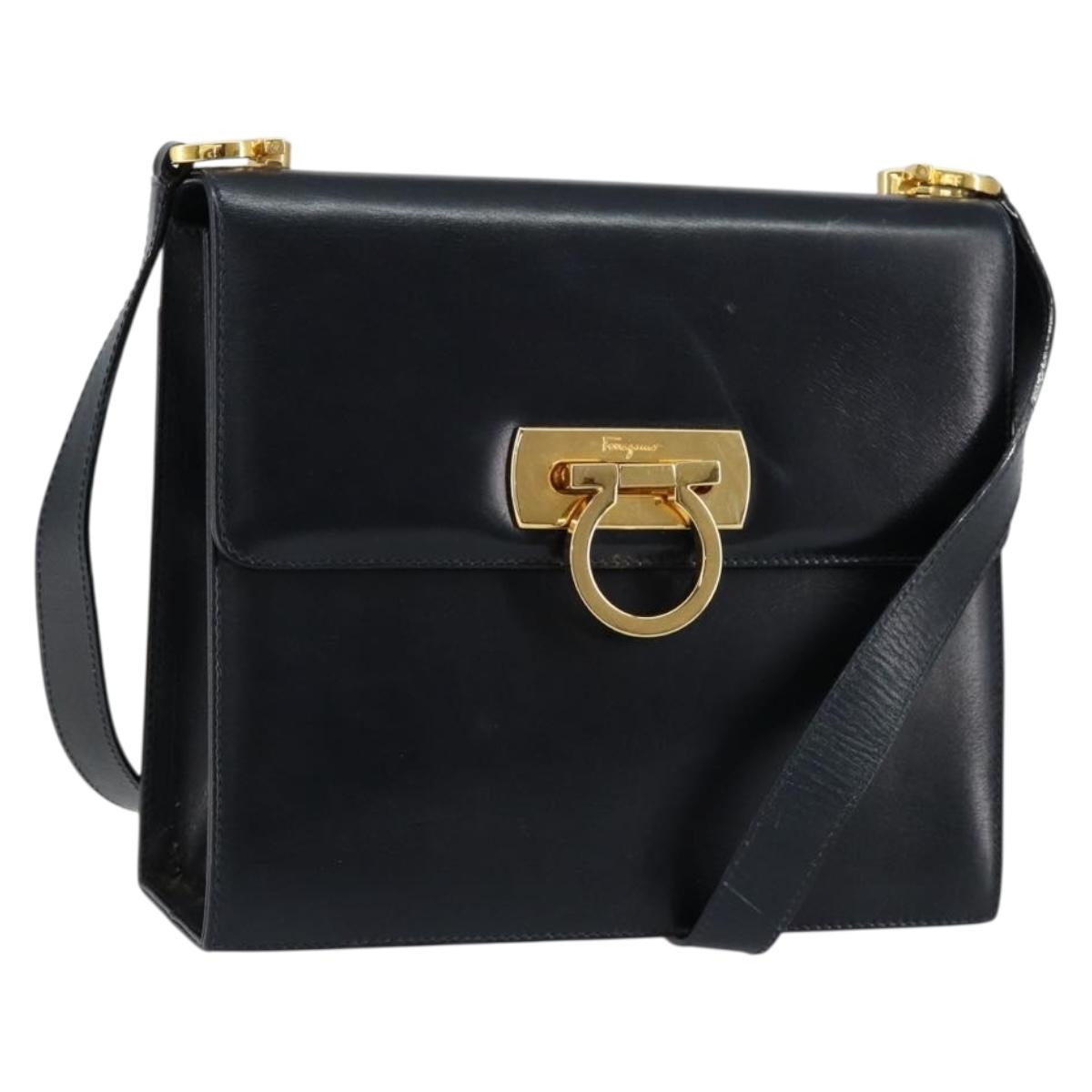 Salvatore Ferragamo Gancini Shoulder Bag Leather Navy Gold Auth 154591