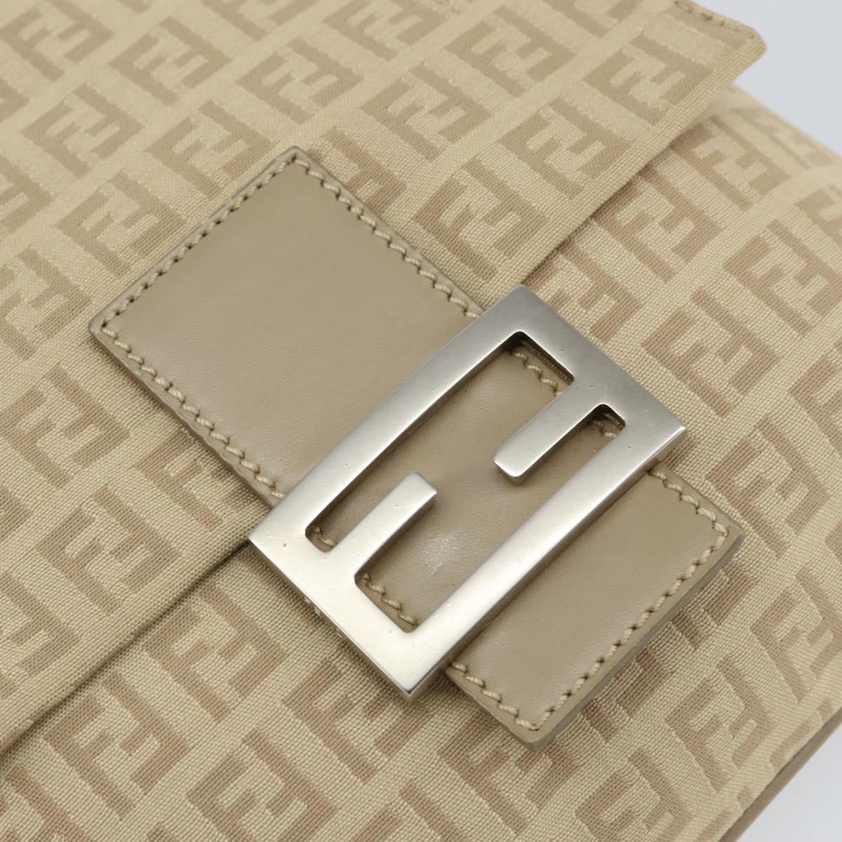 FENDI Zucchino Canvas Shoulder Bag Beige Silver Auth 154619