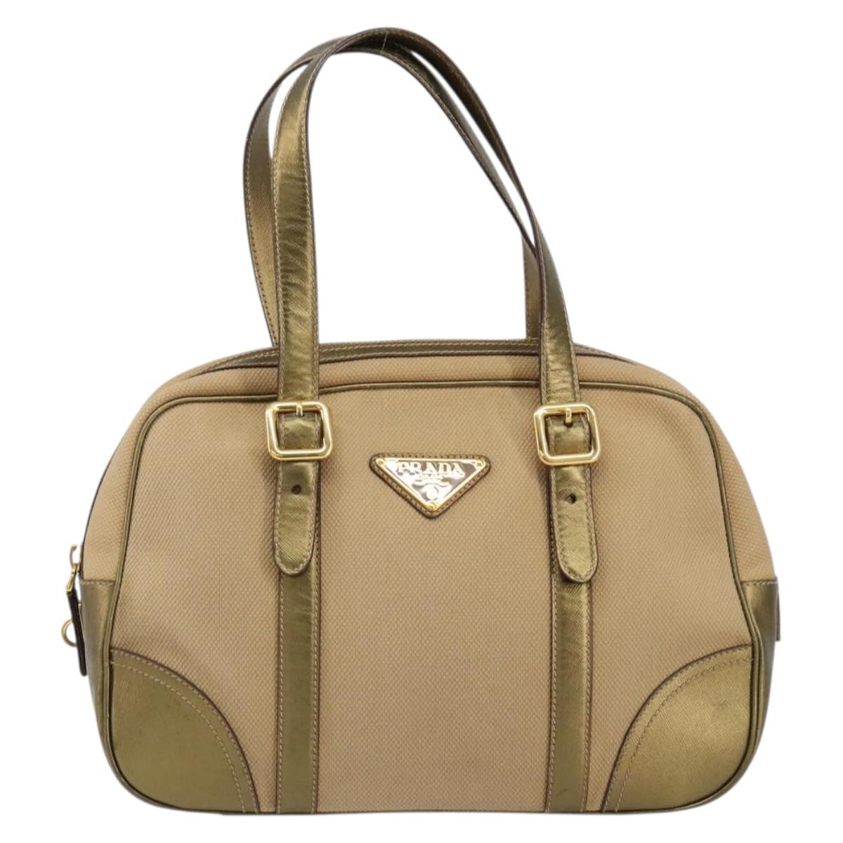 PRADA Hand Bag Canvas Beige Gold Auth 154622