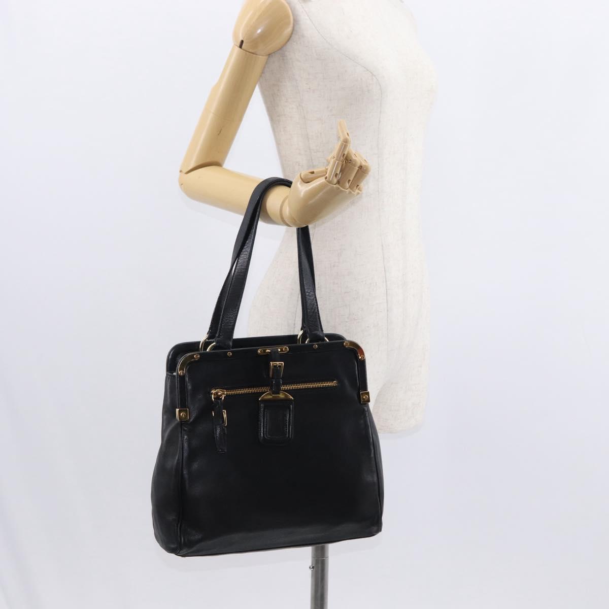 PRADA Hand Bag Leather Black Gold Auth 154623