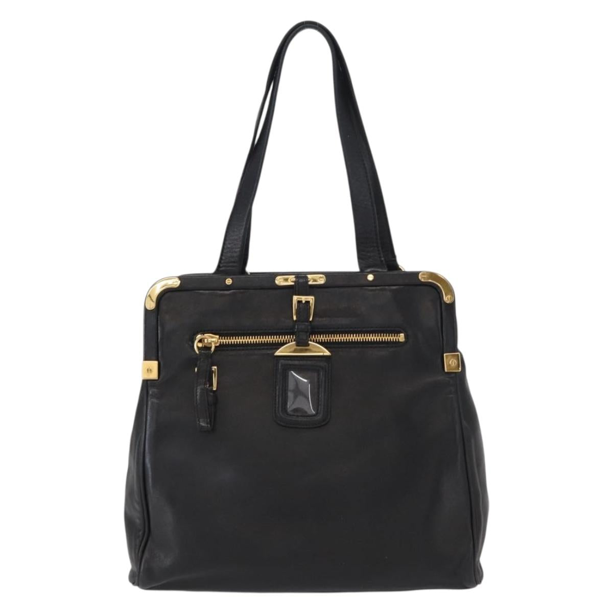 PRADA Hand Bag Leather Black Gold Auth 154623