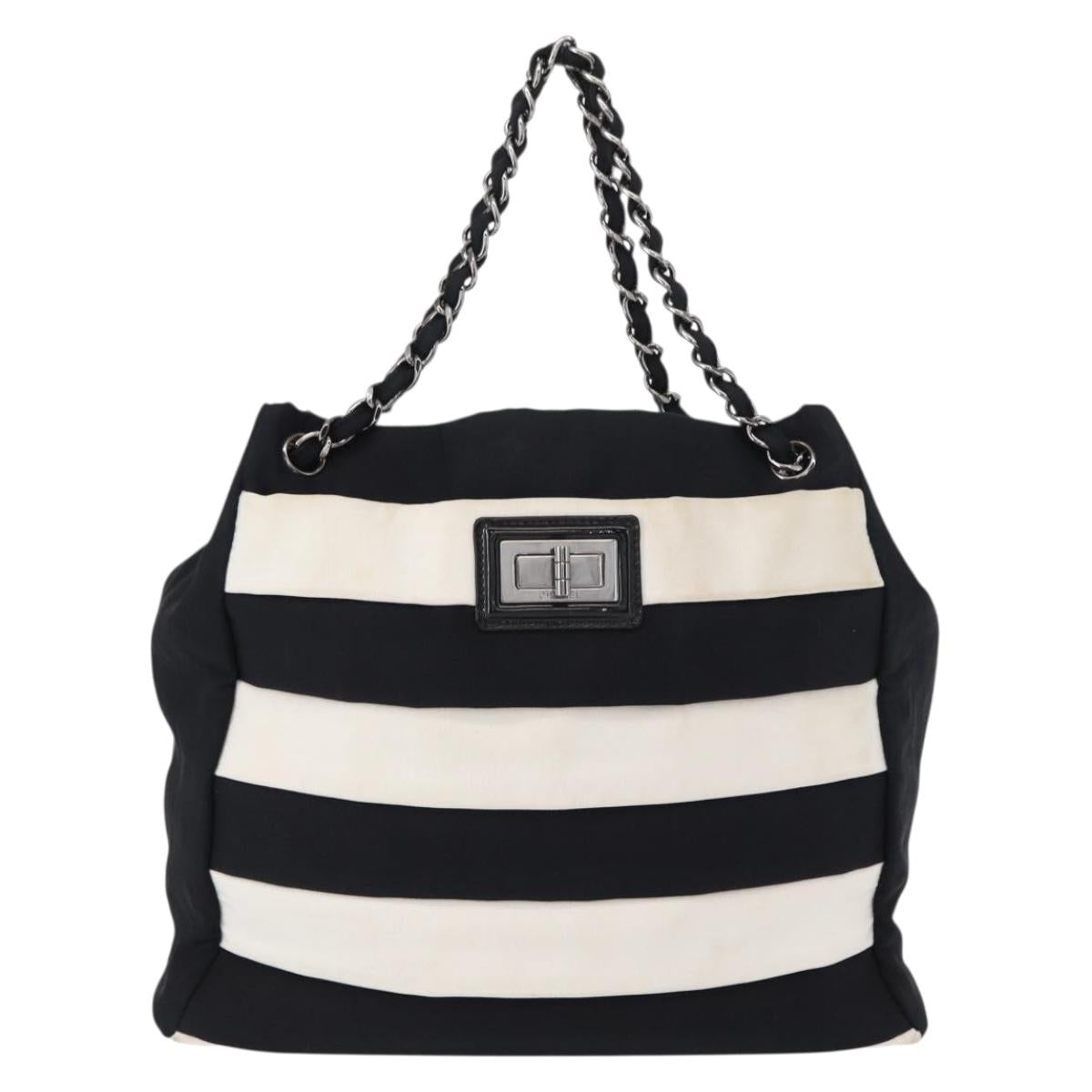 CHANEL 2.55 Chain Shoulder Bag Nylon Black Silver CC Auth 154629
